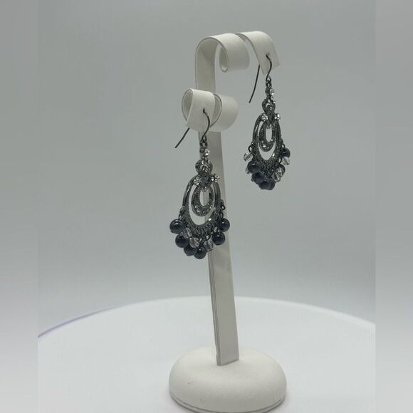 INC Vintage Black and Silver Tone Dangling Chandelier Earnings 2 inch - Picture 2 of 5